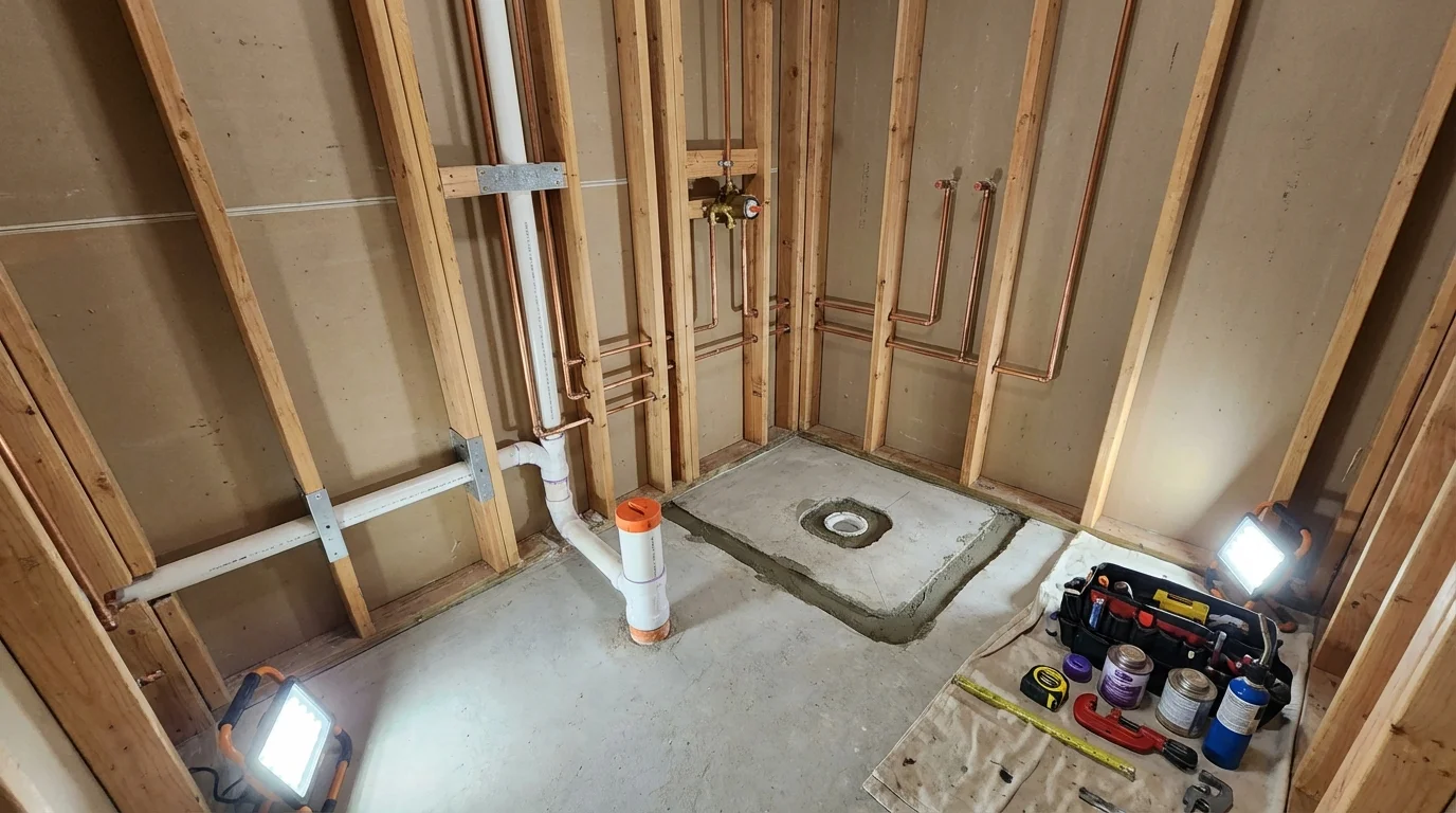 Bathroom rough-in plumbing during remodel by Johns Plumbing LLC in Newton Falls