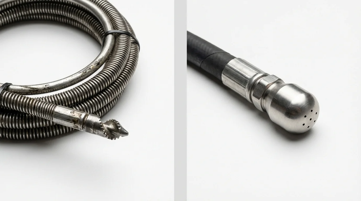 Drain snake cable and hydro jetting nozzle used for drain cleaning in Newton Falls, OH