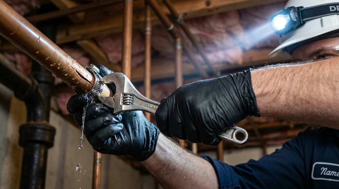 Emergency pipe clamp repair being performed by a Johns Plumbing LLC plumber in Newton Falls