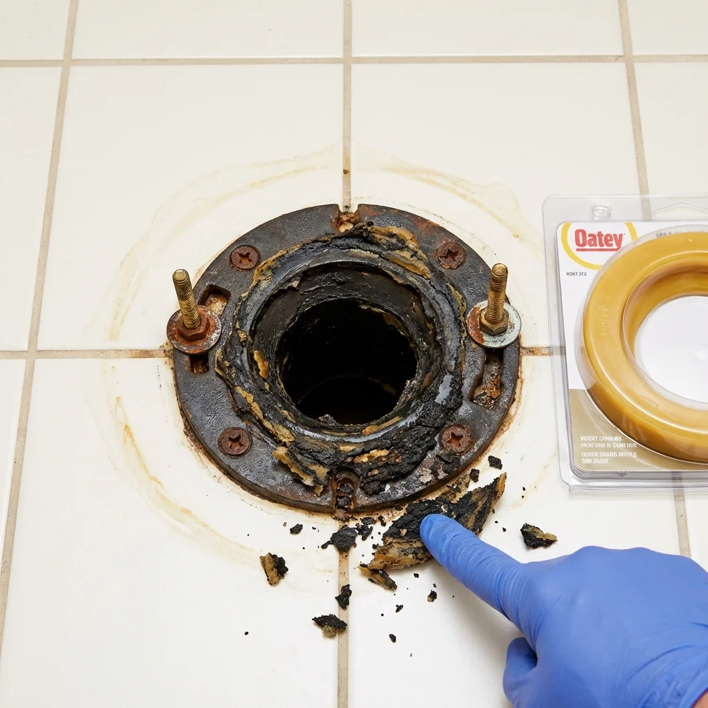 Failed wax ring showing water seepage at the base of a toilet in a Newton Falls, OH home