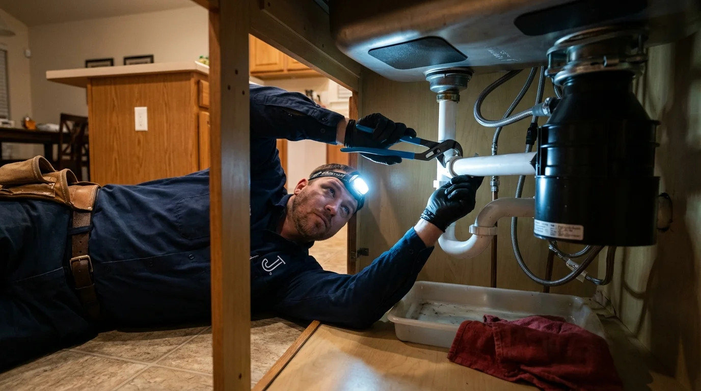 P-trap and supply line connections under a kitchen sink showing a common leak point in Newton Falls, OH